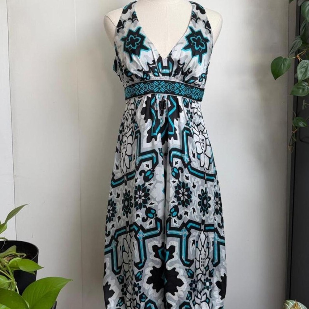 Nicole Miller Silk Floral Geometric V-Neck Balloon Hem Dress Teal Black White 8